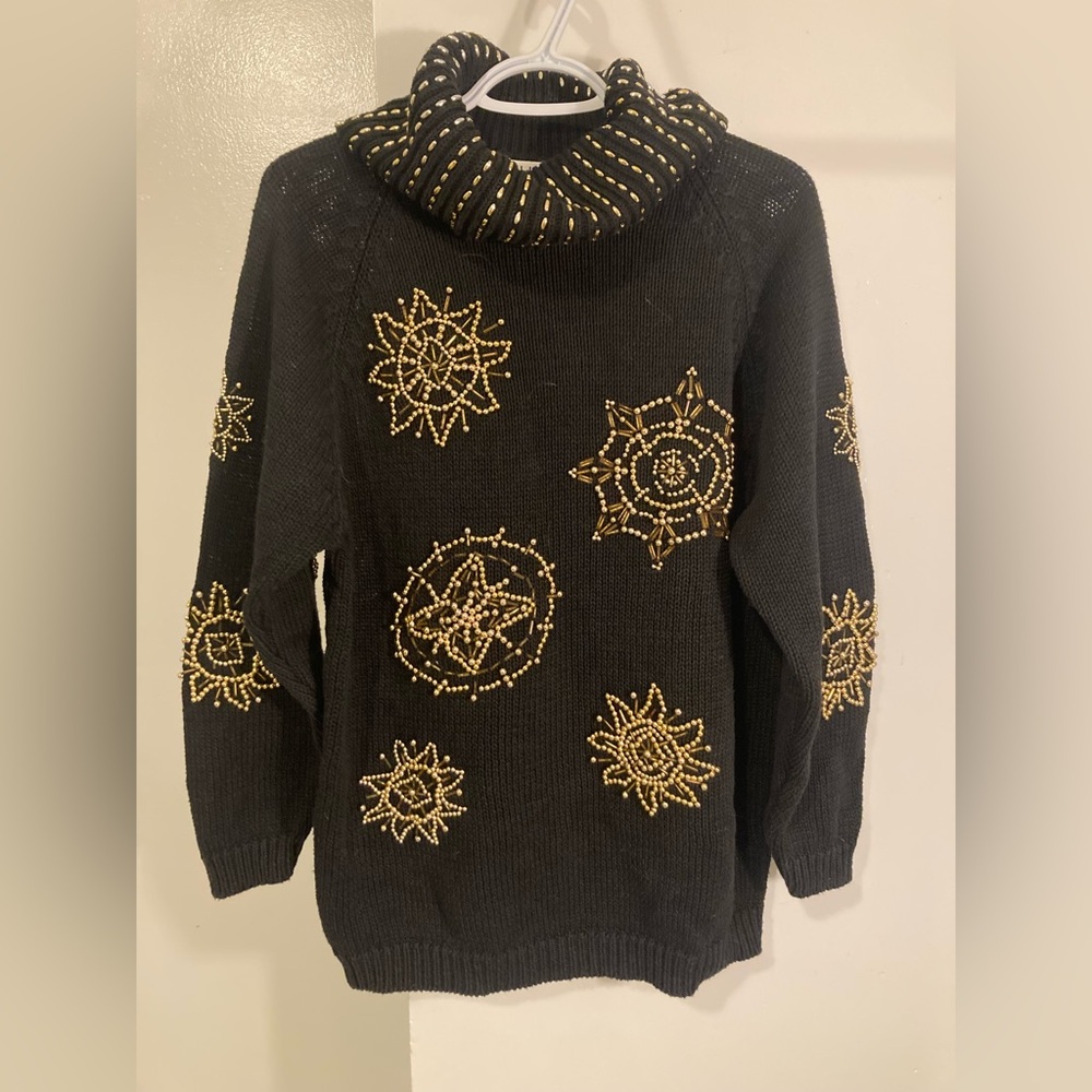 Vintage Black Sweater with Gold Sunburst Design